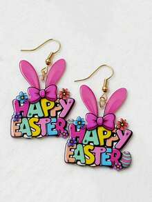 1 Pair Fashion Creative Easter Happy Rabbit Earrings | Letter Print Rabbit Drop Earrings, Acrylic With Alloy Ear Needle, Suitable For Daily And Festive Occasions - Multicolor - View 5