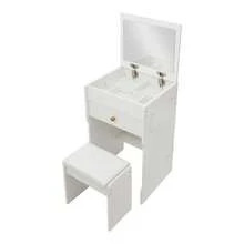 Compact Makeup Vanity Table With Mirror & Stool, 40cm Flip-Up Dressing Table For Bedroom With Storage Compartments, Vanity Table With Mirror For Bedroom, Space-Saving Vanity Desk - Warm White, Black Walnut, White Oak - Warm White - View 11