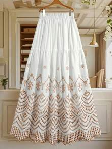 EARO 女士白色长款刺绣半身裙，松紧腰设计，休闲无弹面料，时尚宽松，优雅百搭 - 白色 - 查看 1