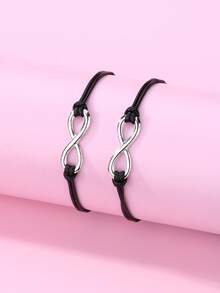 2 Piezas/set Pulsera De Aleación De Zinc Con Forma De Número 8 Para Niñas Y Tejido Con Cordón De Cera Negra, Apta Para Uso Diario - Negro - Ver 7