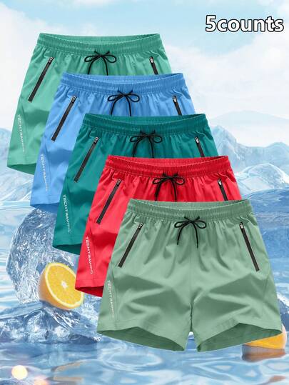 5 chiếc/gói Quần short thể thao nam TECHTRAINING có dây rút ở eo và túi khóa kéo bên hông - Quần mặc hàng ngày
