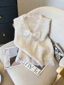 Women Mohair Lace Sleeveless Top | Romantic Bowknot Hollow Knit Sweater | Elegant Layering Piece, Suitable For Casual And Date Outfits - Warm Apricot Color - View 1