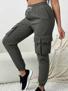 Women's Casual Cargo Pants For Spring/Summer, Lightweight & Breathable With Large Pockets, Suitable For Everyday Casual Wear - Dark Grey - View 3