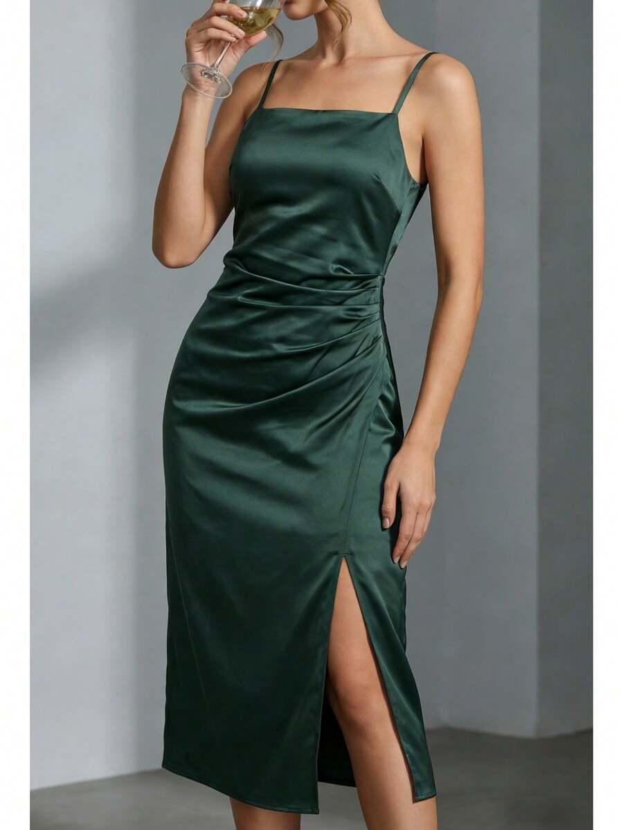 Vestido elegante y sexy de fiesta verde para mujer, vestido de verano ajustado y delgado de moda, vestido de noche de cumpleaños con tirantes finos y estilo vintage - Verde Oscuro - Ver 1