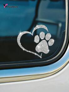 1pc Dog Paw Print Heart Design Faux Diamond Sticker, Shiny Cute Car Motorcycle Cartoon Decal - A - View 5