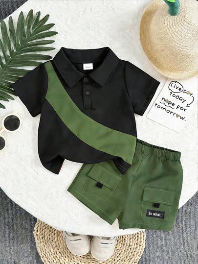Bhchntiy Set de 2 piezas Camisa de polo de color block y pantalones cortos para niños pequeños, conjunto de moda casual para primavera/verano