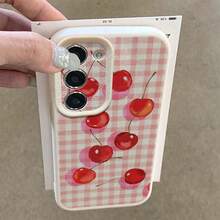 1pc TPU Material Sweet Pink Plaid Cherry Pattern Fashionable Phone Case Compatible With Samsung A05s, A12, A13, A14, A14 4G, A15, A21s, A23, A25, A32, A32 5G, A34, A35, A50s, A51, A52, A53, A54, A55, A71, A72, A73, S10, S20 FE, S20 Ultra, S21 Ultra, S22, S22 Plus, S23, S24, Redmi 10C, 12C, Note 10, 11, 12, 13, Pro Plus, Note 8, 9 Pro, Full Protective Soft Phone Cover - White - View 4