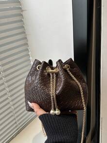 Mini Woven Drawstring Bucket Bag, Versatile Shoulder/Crossbody Bag For Party & Casual, Minimalist Design - Coffee - View 9
