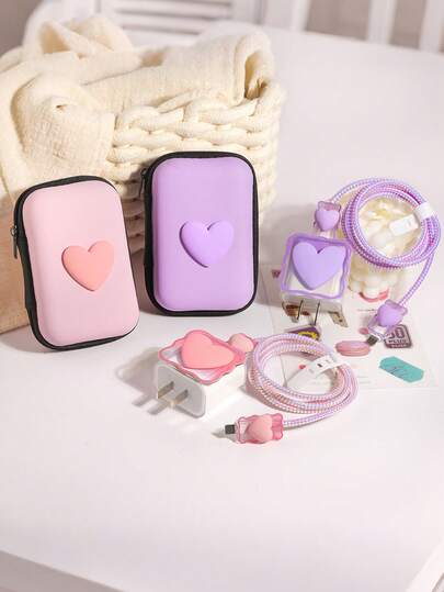 6 piezas Funda protectora de cable de datos con diseño de corazón lindo y lazo, bolsa organizadora de cables, caja de almacenamiento de accesorios digitales, bolsa con cremallera anti caída, compatible con cargador rápido de 20W, regalo para mujeres