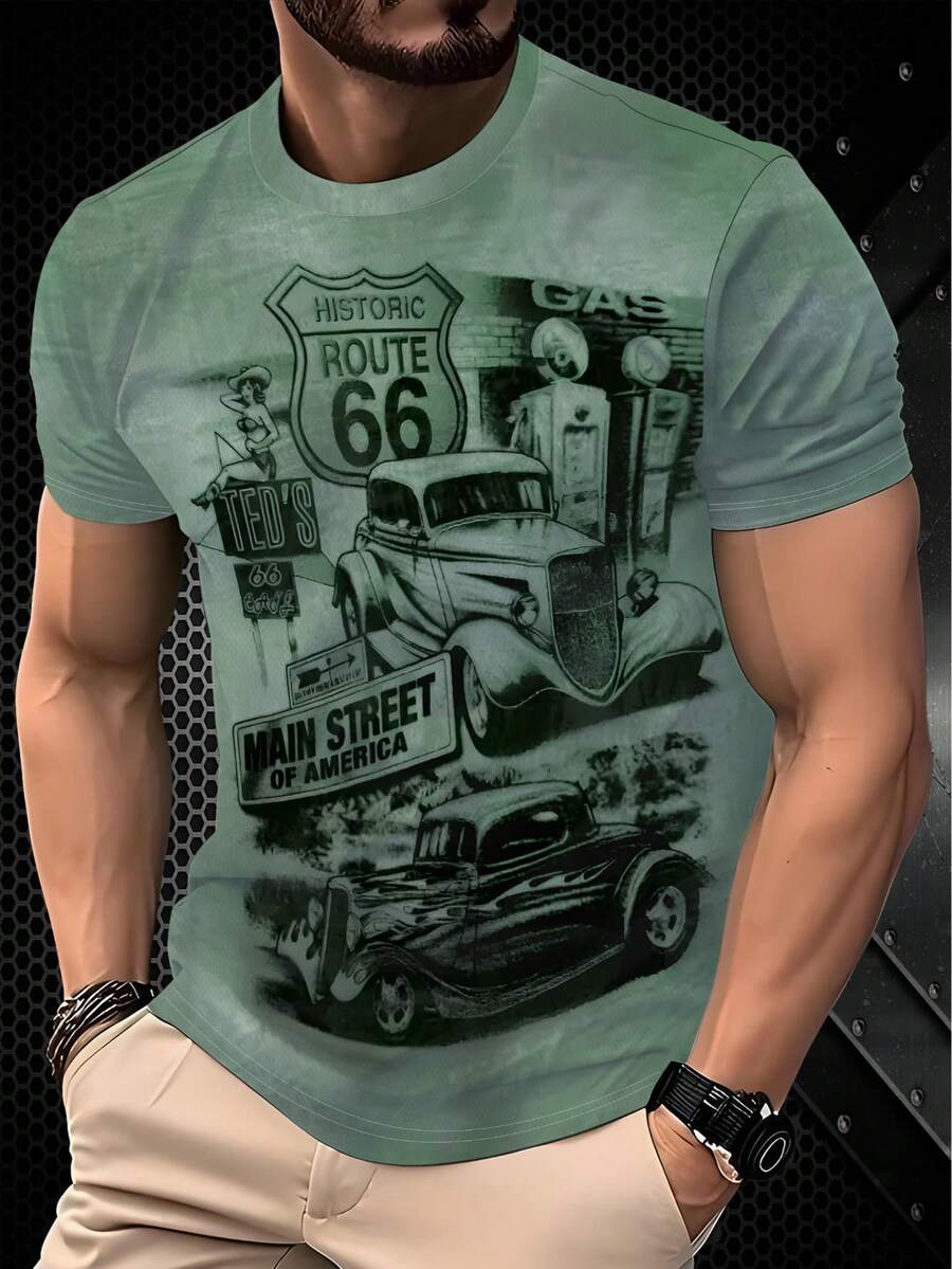 Camiseta de manga corta de cuello redondo para hombre con estampado gráfico de coche clásico, opción de moda de verano. 100% poliéster - Multicolor - Ver 1