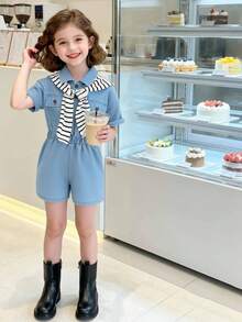 两件套女童夏季套装，时尚休闲日常穿着，蓝色牛仔连体裤和黑白条纹披肩套装 - 藍色 - 查看 4
