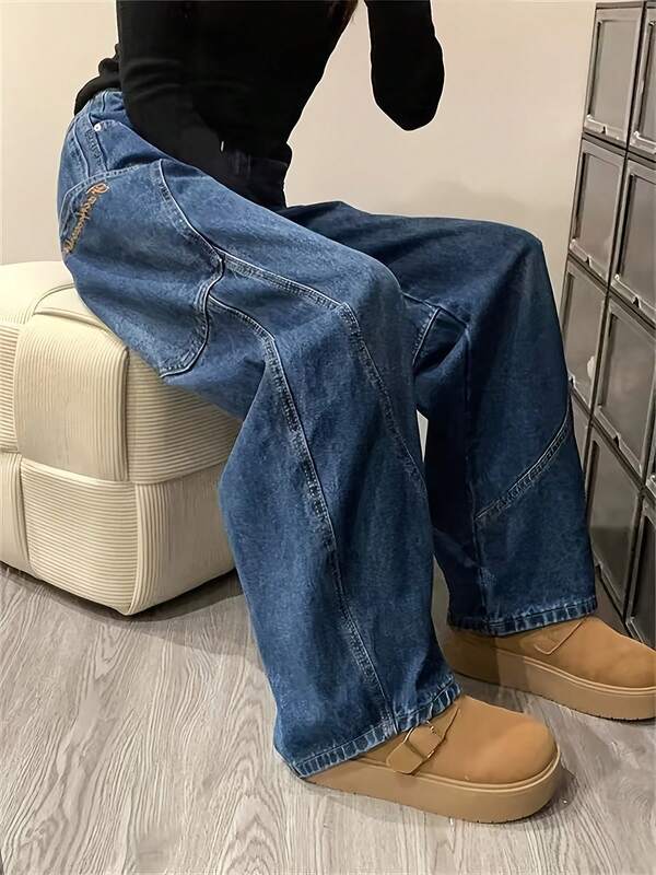 レディース デニムパンツ アメリカンレトロ ストリート クロスカット ワイドレッグ ハイウエスト ビッグポケット 刺繍ロゴ 秋 新作 スリム効果 カジュアル デイリー オフィス コーデ 万能パンツ