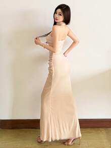 YeonC纯色优雅派对修身露背鱼尾下摆晚宴约会连衣裙 - 卡其色 - 查看 7