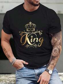 Manfinity LEGND Men King Print Crew Neck Short Sleeve T-Shirt, Casual Summer Top, For Friends Funny  White Graphic Tee  Camisas Para Hombre Dress Shirt Mens Clothes Men Valentine's Day Streetwear Summer Outfits Graphic Tee Clothes Sweat Pants Spring To Summer  Graphic Tees Men Funny T Shirt Funny Shirt Meme Shirt Graphic Women  Valentines Clothe Valentine's Day The Spring Festival New Year - 黑色 - 查看 1