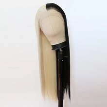 ZigZag Hair 13x4蕾丝前假发，半黑半金合成直长发假发，自然发际线，耐热合成纤维女士时尚假发 - 彩色 - 查看 9