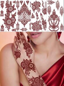 4张棕色、红色、酒红色花卉图案性感脚趾和手部临时纹身贴纸，防水花卉印花人体彩绘纹身，适合女性、婚礼派对 - 紅色 - 查看 2