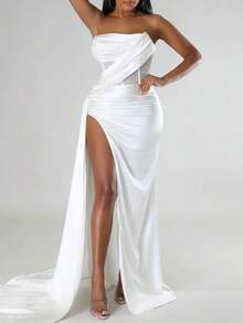 Women's Sexy Strapless Rhinestone Embellished Satin Maxi Dress | Draped Front, High Slit, Ideal For Prom & Wedding Guest - 白色 - 查看 3