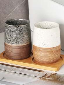 1pc Ceramic Rinse Cup, Hotel Toothbrush Cup, Luxury Couples Bathroom Cup, Ceramic Water Cup - 1pc/Grayish-yellow - View 3