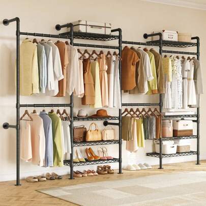 L4 Wall Mounted Industrial Pipe  Clothes Rack, Closet Organizer System With Rods Expandable, Clothing Rack, Corner Garment Rack