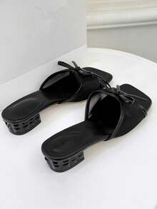 女士凉鞋，夏季厚跟露趾罗马系带蝴蝶结角斗士凉鞋，网面女士拖鞋 - 黑色 - 查看 7