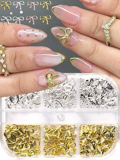 1box Alloy Hollow Bows Nail Charms - Golden & Silvery 3D Bow-Shaped Rivet With Steel Balls Nail Decorations For DIY Nail Art, Manicure Accessories