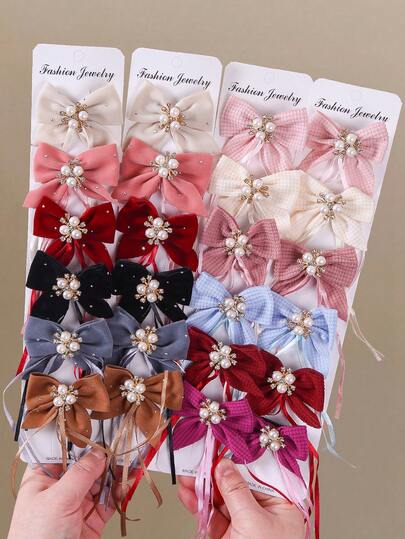 10 piezas Pinzas para el cabello con moño de cinta de tela, flores y perlas de colores para niñas, pinzas minimalistas para el flequillo lateral, accesorios de cabello dulces y versátiles que no dañan el cabello para uso diario y vuelta al colegio