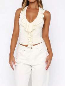 Vaiaye 女士无袖时尚修身休闲深V领背心，纯色性感荷叶边下摆马甲，沙滩度假圣帕特里克节户外女士上衣，优雅女士衬衫 - 乳白色 - 查看 7