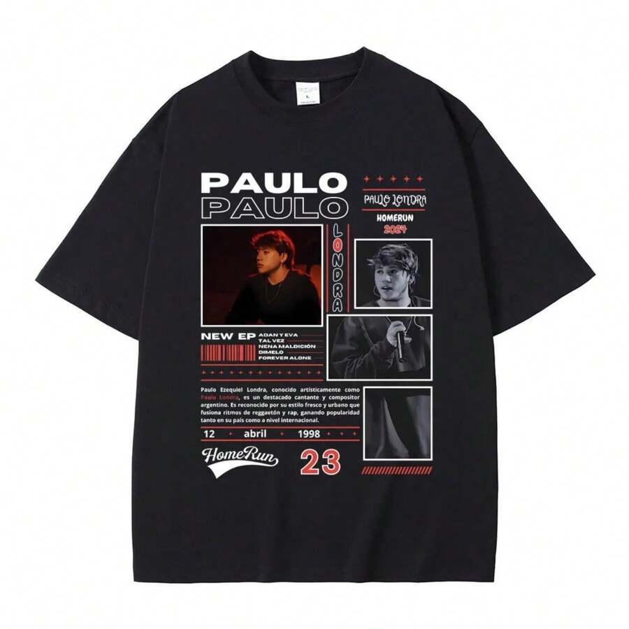 Rare Rapper Paulo Londra Homerun Graphic Print T-Shirts Men Women Hip Hop Fashion Vintage T Shirts Male Casual Oversized Tshirt - 黑色 - 查看 1