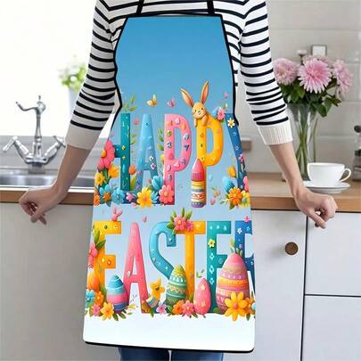 1PC Happy Easter Apron With Cute Rabbit And Colorful Eggs Design Perfect For Holiday Baking Cooking Festive Kitchen Decor Spring Seasonal Party Supplies Easter Themed Gift For Women Men S Celebrations