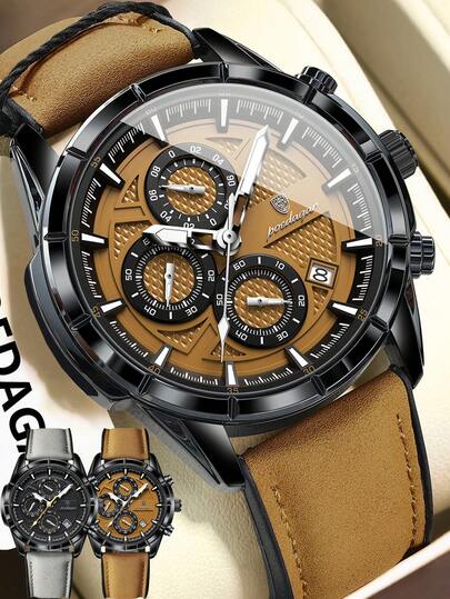 POEDAGAR 1款休闲运动男士日期计时石英表，配PU皮表带，防水夜光功能，时尚男士腕表，适合日常佩戴，男士礼物