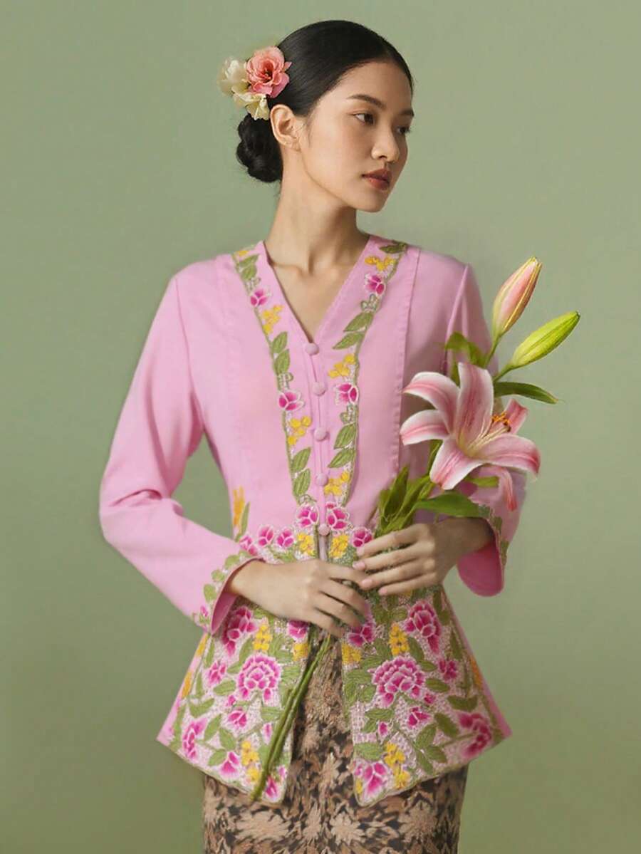 Nyonya Kebaya，女士 Kebaya，传统土生华人服装，优雅刺绣长袖衬衫夹克，粉色上衣，开斋节服装 - 粉色 - 查看 1