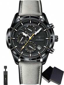 POEDAGAR 1件男士时尚休闲石英日历计时腕表，PU皮表带，防水夜光，适合日常佩戴，男士礼物 - 黑色 - 查看 14