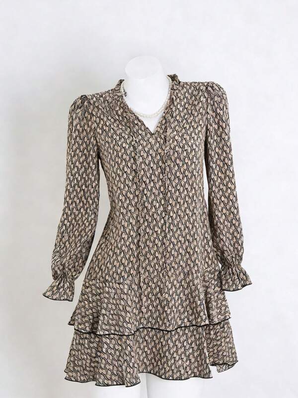 Plus Size Women Geometric Print Bodycon Casual Long Sleeve A-Line Mini Dress, Flattering For Summer Vacation Spring Elegant