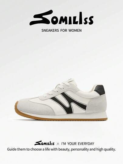 somiliss 女士宽头运动休闲鞋，经典复古风格，舒适柔软鞋底带足弓支撑，适合通勤和日常穿着，春季款，黑白配色