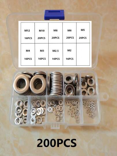1 Box Of Flat Washers, Screws And Bolts With Flat Washers, 100pcs/200pcs Metal Washer Set, Suitable For Various Small, Medium And Large Hardware Washers In Home And Industry