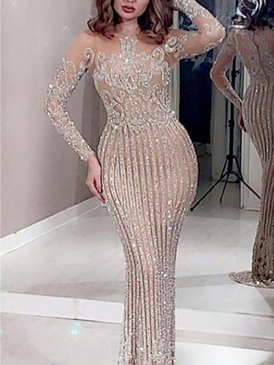 Women's Gold Sequin Maxi Dress Spring Summer Sparkly Glitter Slim Fit Elegant Party Dress - 米色 - 查看 1