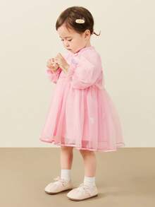 mini bala 2025秋季新款女童网纱连衣裙，中国风甜美柔软内衬 - 粉紅 - 查看 6