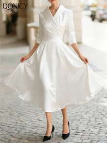 DONICY Đầm sơ mi dài tay cổ chéo sang trọng, ôm dáng dành cho nữ mùa thu/đông, chất liệu satin cao cấp, thích hợp cho hẹn hò, tiệc tùng, sự kiện kinh doanh và đi làm. - trắng - Xem 5