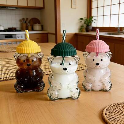 1pc New Cute Bear Shaped Straw Cup, 20oz Glass Bear Cup With Reusable Straw, Suitable For Valentine's Day, Back To School Gifts, Also Can Be Used As Fashionable Home Decor Cup, Office Water Cup, Daily Water Cup, Holiday Decoration Cup, Fit For Smoothie, Bubble Tea And Iced Coffee