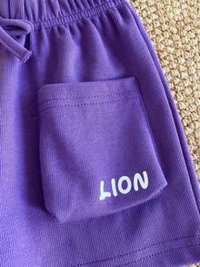 Cute Lion Colorblock Set! Yellow Striped T-Shirt With 3D Lion Ears & Colorful Mane, Paired With Purple Shorts + LION Pocket, Ribbed Fabric Breathable & Skin-Friendly, Full Of Childlike Charm, Comfortable & Eye-Catching - Yellow - View 6