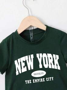 2pcs/Set Boys' Casual Multifunctional Minimalist Letter Print Short Sleeve T-Shirt And Shorts, Suitable For Outdoor, School, Vacation, Travel, Relaxation, Sunbathing And Other Summer Occasions - Dark Green - View 6