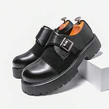 Men Low-Top Boots, Quilted Preppy College Style Buckle Thick Sole Lightweight Comfortable Leather Shoes, Unisex All Season - Black - View 1