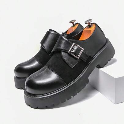 Men Low-Top Boots, Quilted Preppy College Style Buckle Thick Sole Lightweight Comfortable Leather Shoes, Unisex All Season