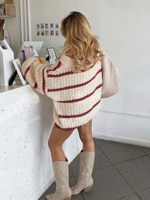 Colorblock Striped Loose Casual Pullover Sweater, Versatile And Comfortable - Red and White - View 4