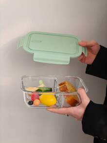 Hộp cơm bento 3 ngăn có nắp đậy bằng thủy tinh, hộp đựng thức ăn hình chữ nhật trong suốt dùng được trong lò vi sóng, thích hợp cho bữa trưa văn phòng, nhà bếp, hộp cơm trưa học sinh. - màu xanh lá - Xem 2