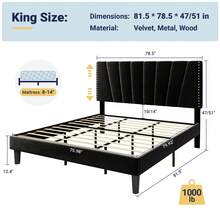 Allewie Full/Queen/King Size Bed Frame With Adjustable Velvet Upholstered Headboard, Rivet-Style Nailhead Trim Detail Platform Bed Frame, Wooden Slat Support, No Box Spring Needed, Easy Assembly, Black - màu đen - Xem 10