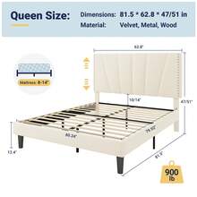 Allewie Full/Queen/King Size Bed Frame With Adjustable Velvet Upholstered Headboard, Rivet-Style Nailhead Trim Detail Platform Bed Frame, Wooden Slat Support, No Box Spring Needed, Easy Assembly, Cream White - Cream White - 查看 9