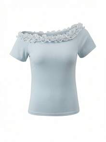 独特设计的层叠荷叶边不对称肩部T恤，女士款，防皱，收腰，修身剪裁，夏季款 - 藍色 - 查看 7