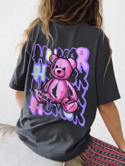 Camiseta holgada con gráfico lindo para adolescentes - Parte posterior con estampado de oso de peluche derritiéndose, letras y graffiti, casual para volver a la escuela