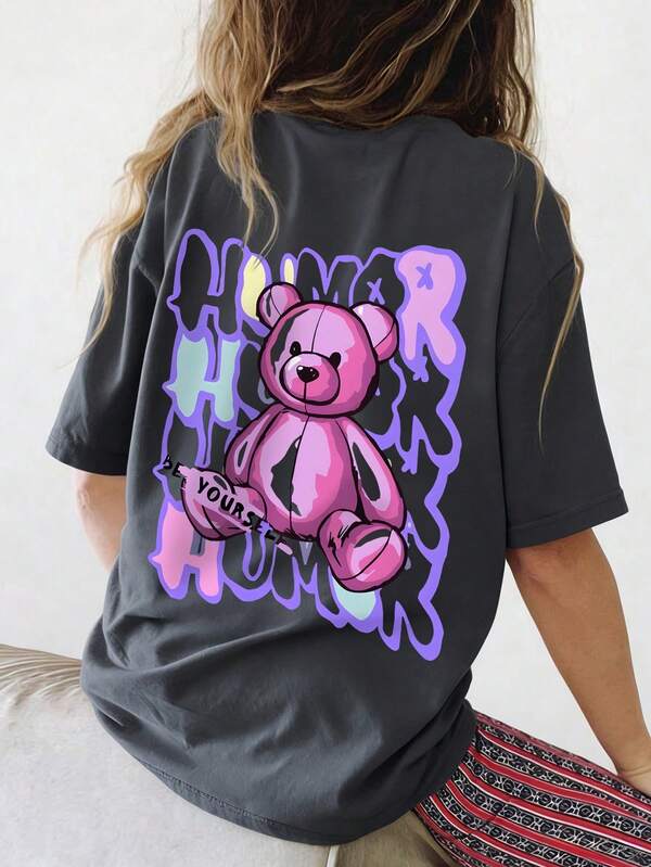 Teen Girls' Cute Graphic Oversized Tee - Back Print Graffiti Teddy Bear Melting Letter Casual Back To School Street Snap Top